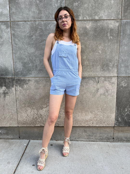 70s Vintage Blue Pinstriped Cotton Romper
