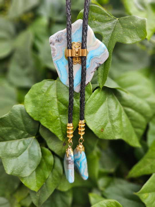 Black Leather Bolo Tie, Blue Agate Slide