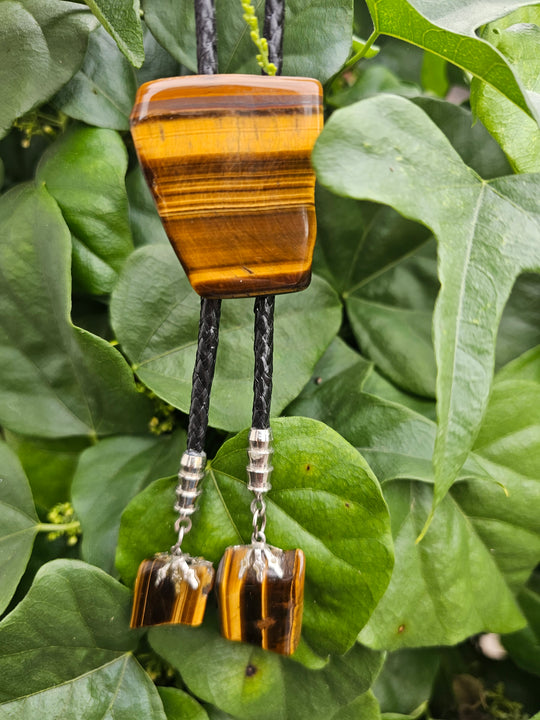 Black Leather Bolo Tie, Tigers Eye