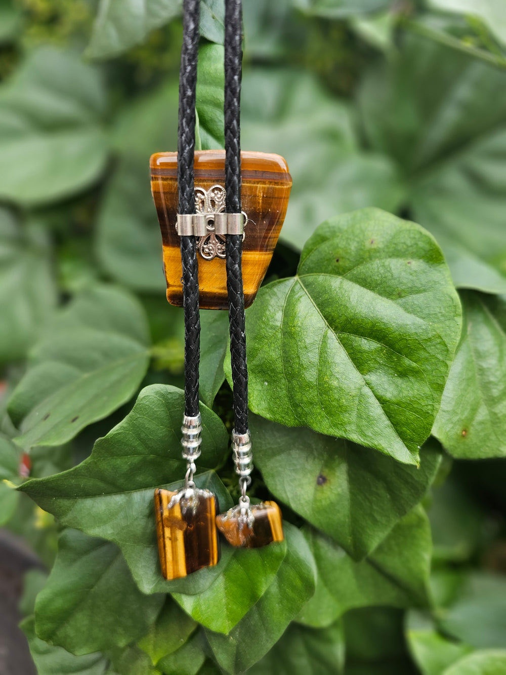 Black Leather Bolo Tie, Tigers Eye