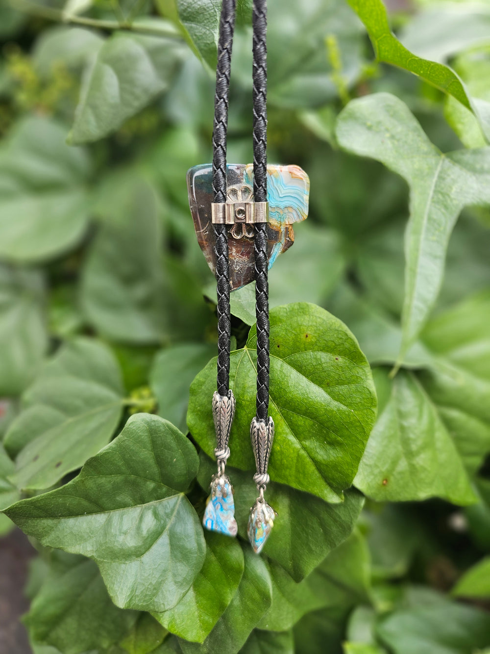 Black Leather Bolo Tie, Blue Aragonite Slide