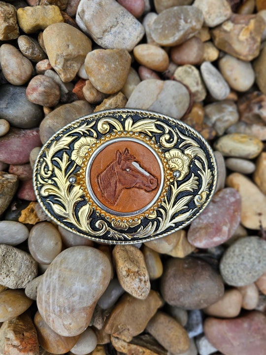 Vintage Belt Buckle: Leather Tooled Horse Head