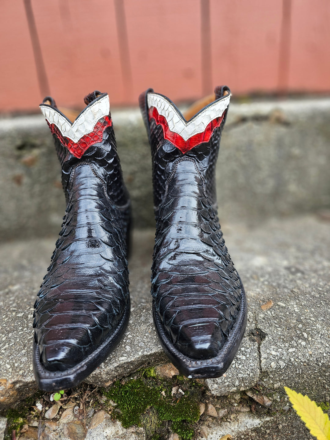 Vintage Black Red White Exotic Skin Ankle Boots, Miron Crosby, 9B