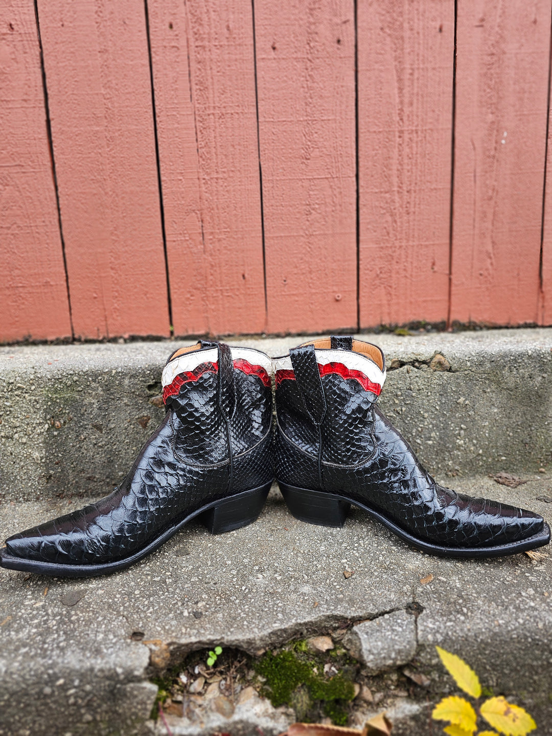 Vintage Black Red White Exotic Skin Ankle Boots, Miron Crosby, 9B