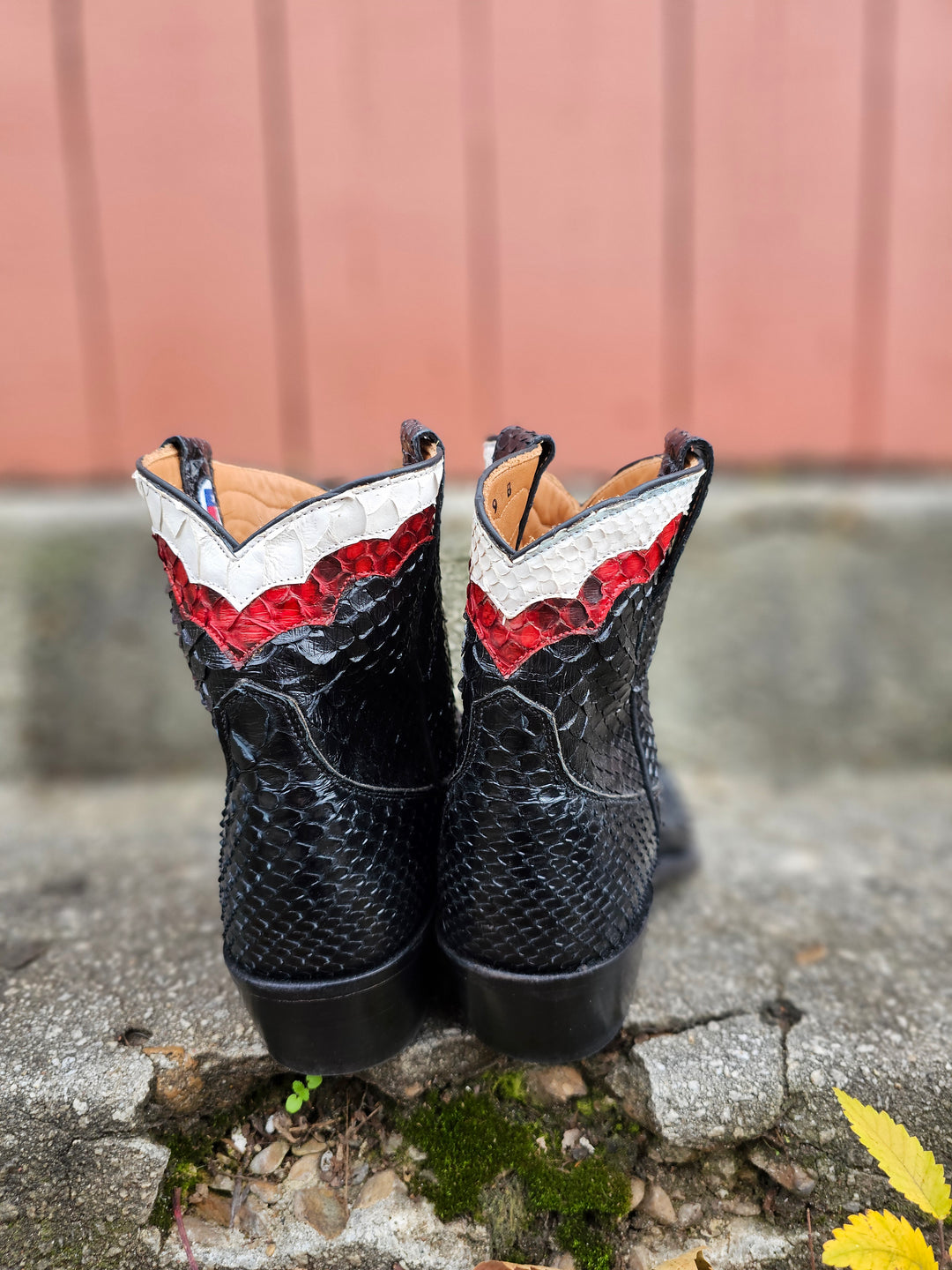 Vintage Black Red White Exotic Skin Ankle Boots, Miron Crosby, 9B