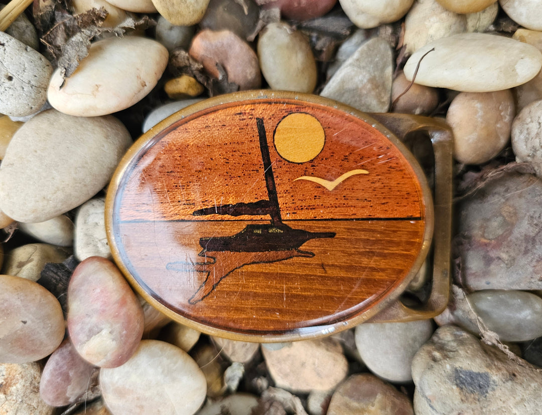 Vintage Brass Belt Buckle: Sunset on the Water with Boat