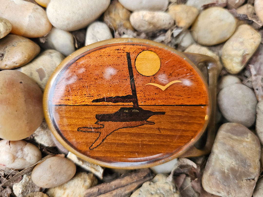 Vintage Brass Belt Buckle: Sunset on the Water with Boat