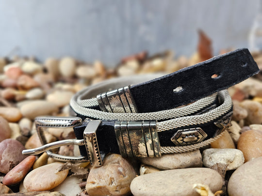 Vintage Black Suede Belt, Silver Mesh, Southwest Detail,  Linea Pelle