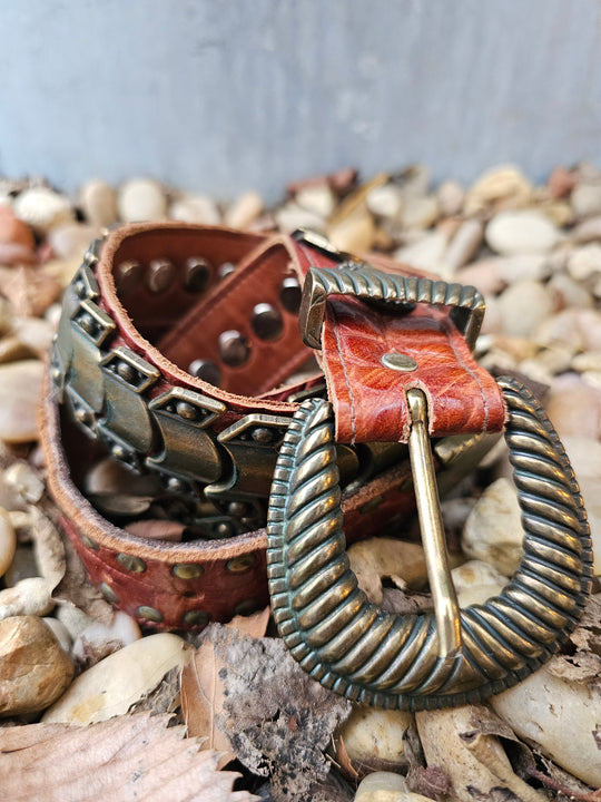 Vintage Brown Leather Belt, Heavy Brass Scale Detail