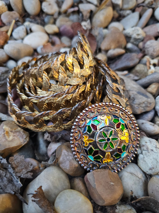 80s Gold Loop Braid Belt, Green Brown Round Buckle