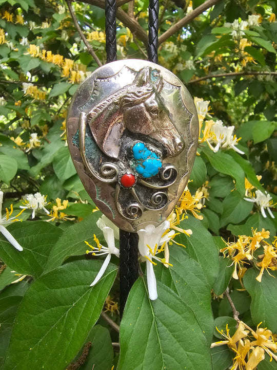 Black Leather Bolo Tie, Horse Slide with Turquoise and Coral