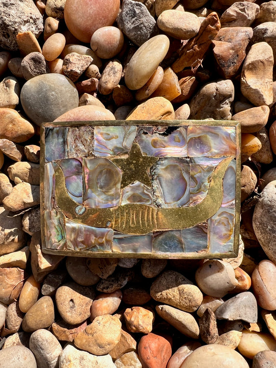 Belt Buckle: Brass, Mother of Pearl, Longhorn and Stars