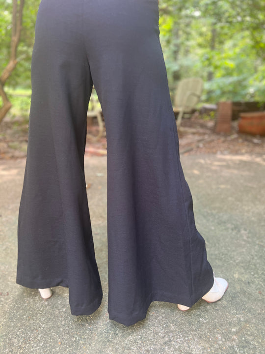 70s Black Polyester Knit Wide Leg Pants