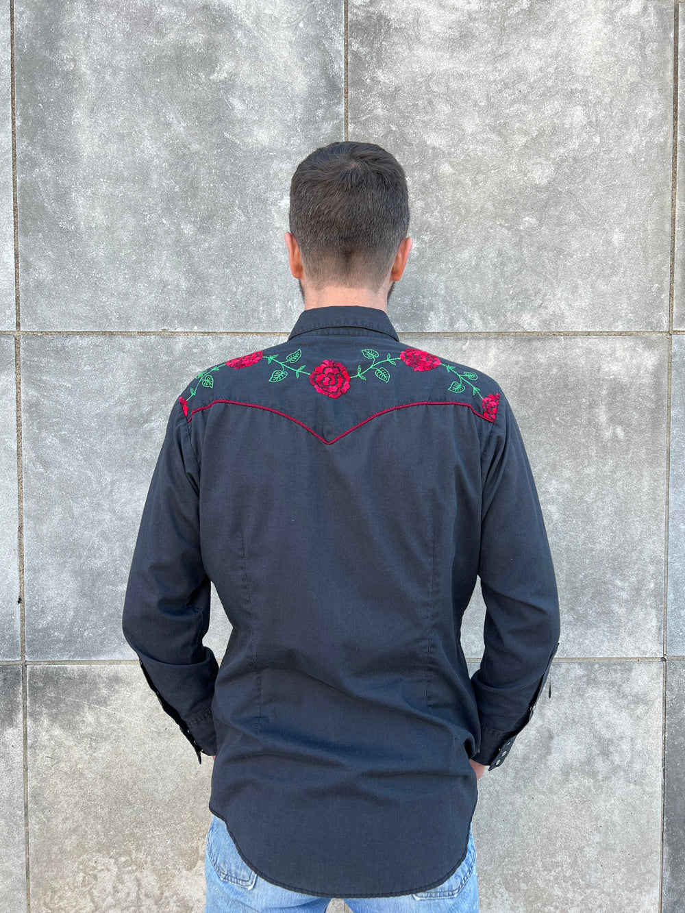 Mens 80s Black Long Sleeve Western Snap Shirt, Red Floral Embroidery, Rockmount