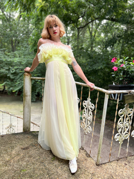 60s Ivory Yellow Nylon Chiffon Dress Nightgown
