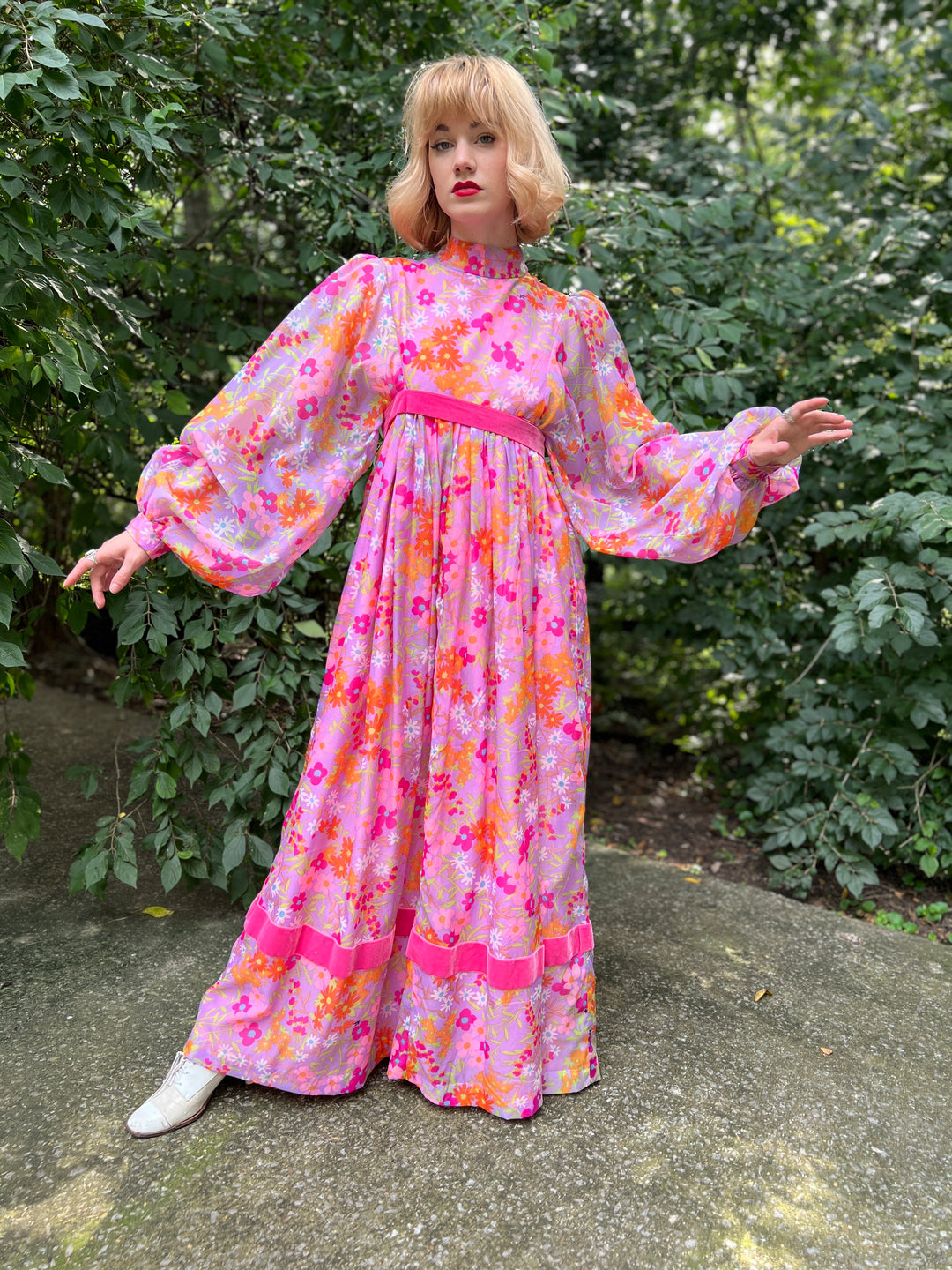 70s Pink Floral Crepe Maxi Dress