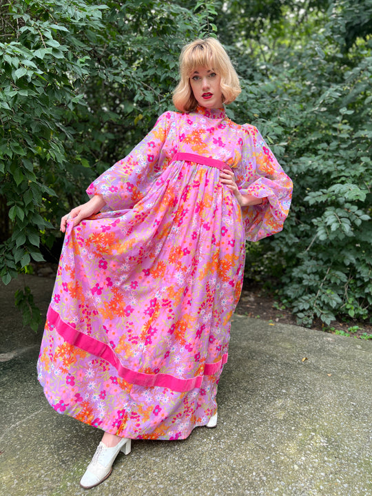 70s Pink Floral Crepe Maxi Dress