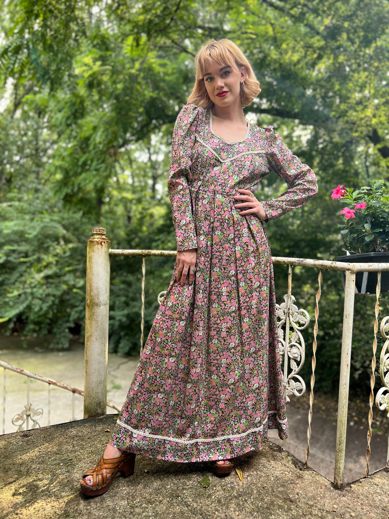 70s Black Pink Floral Cotton Maxi Dress, Lord & Taylor 70s Black Pink Floral Cotton Maxi Dress, Lord & Taylor