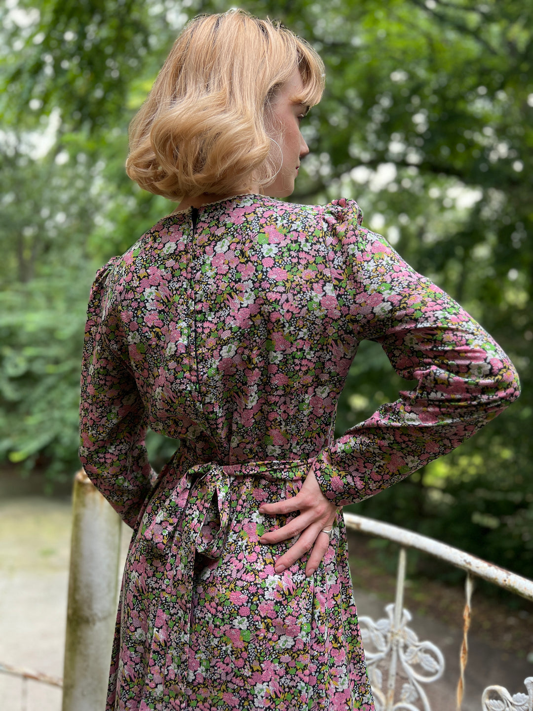 70s Black Pink Floral Cotton Maxi Dress, Lord & Taylor 70s Black Pink Floral Cotton Maxi Dress, Lord & Taylor