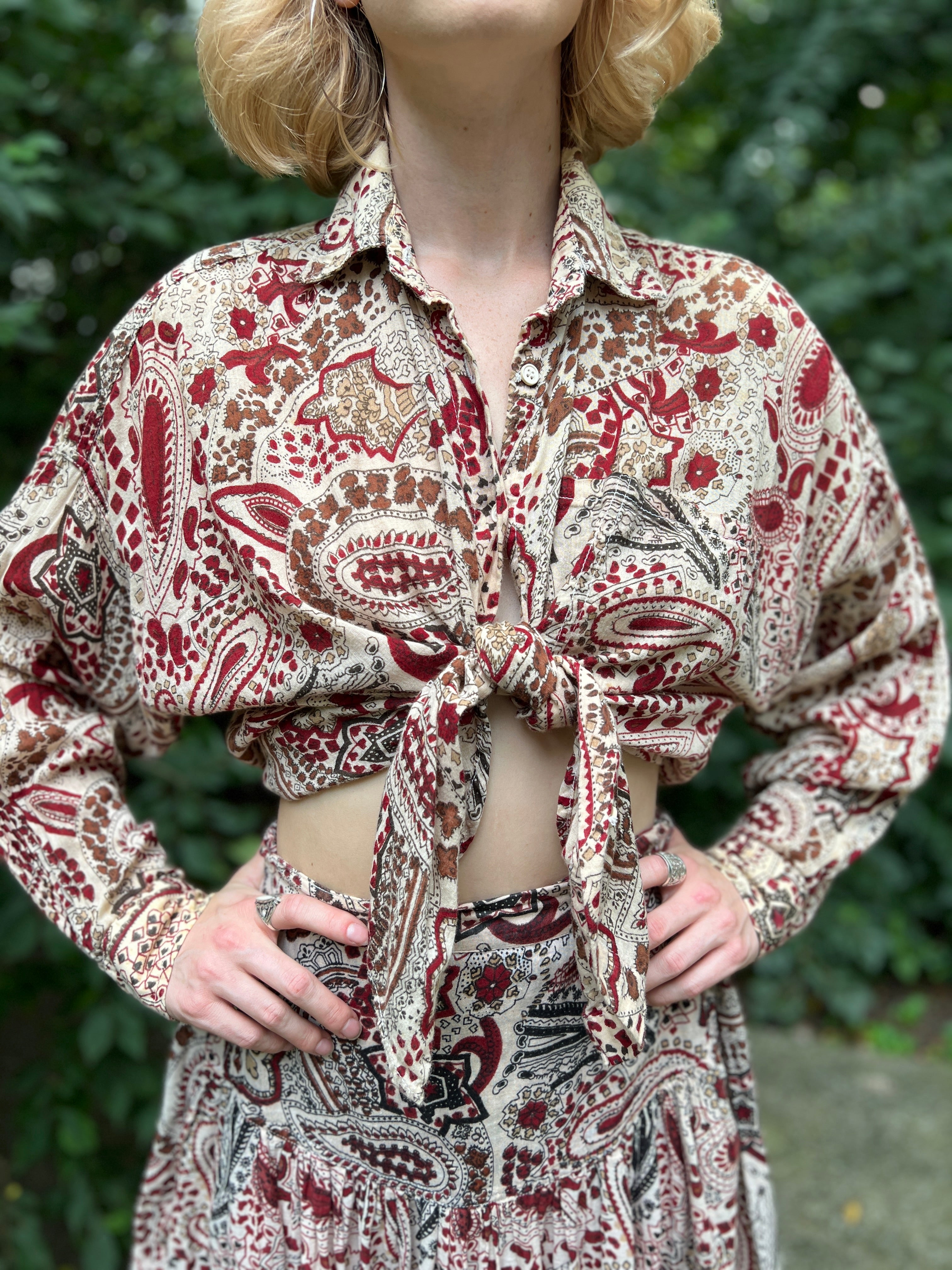 70s Brown White Paisley Indian Print Cotton Top and Skirt