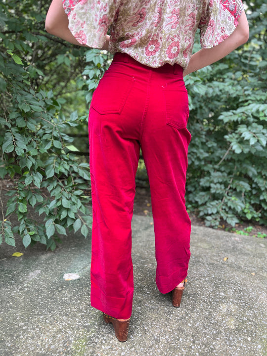 70s Cranberry Red Velour Bell Bottom Pants