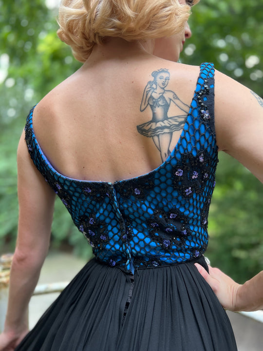 60s Blue Black Crepe Cocktail Dress, Sequin Fishnet Bodice, Pab