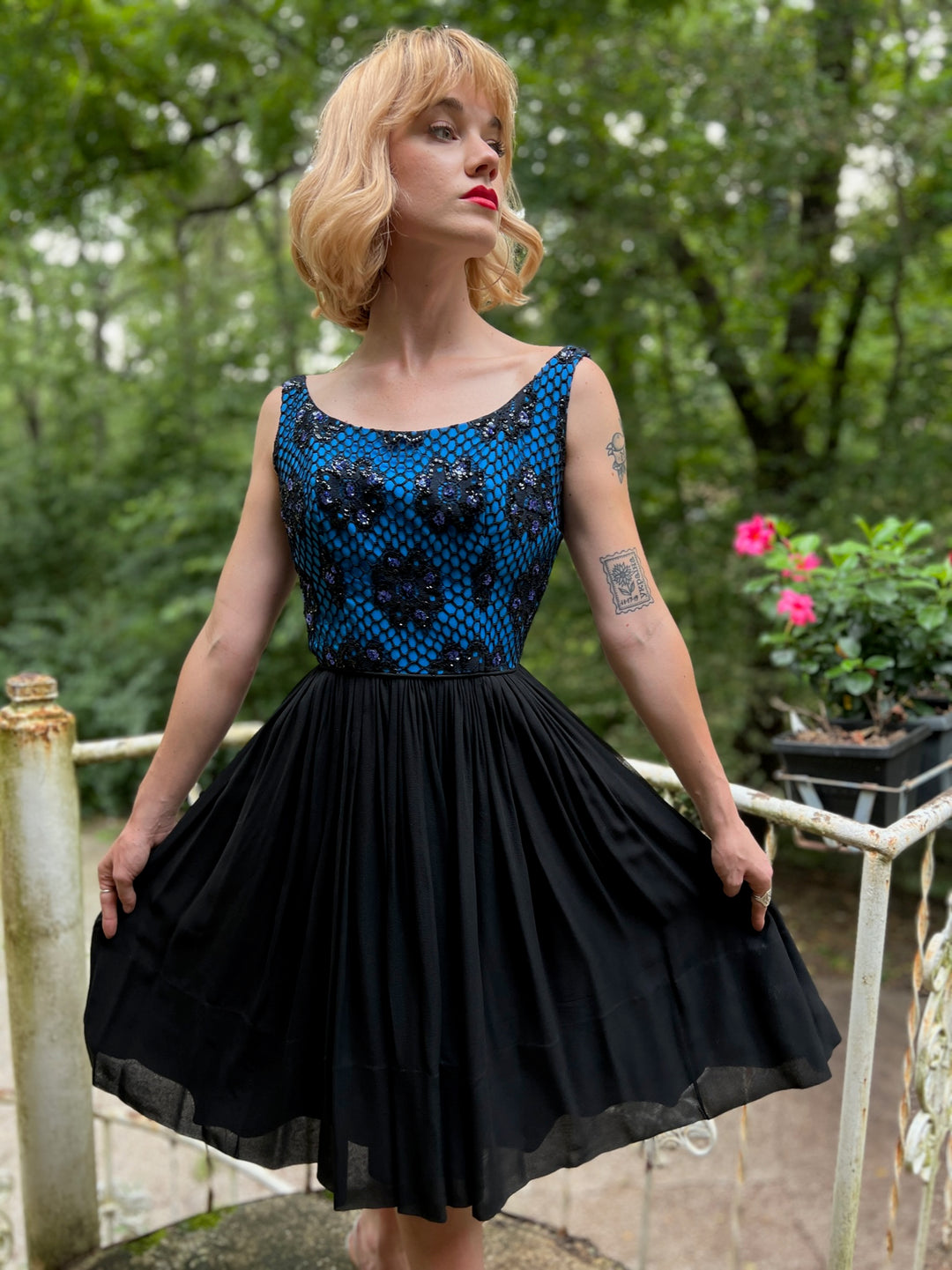 60s Blue Black Crepe Cocktail Dress, Sequin Fishnet Bodice, Pab