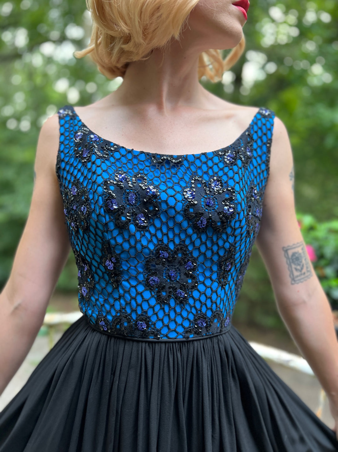 60s Blue Black Crepe Cocktail Dress, Sequin Fishnet Bodice, Pab