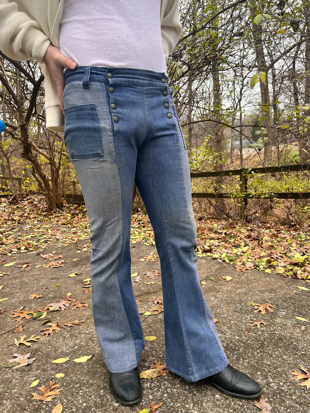 70s Two Tone Brown Snap Front Denim Bell Bottom Pants, GWG