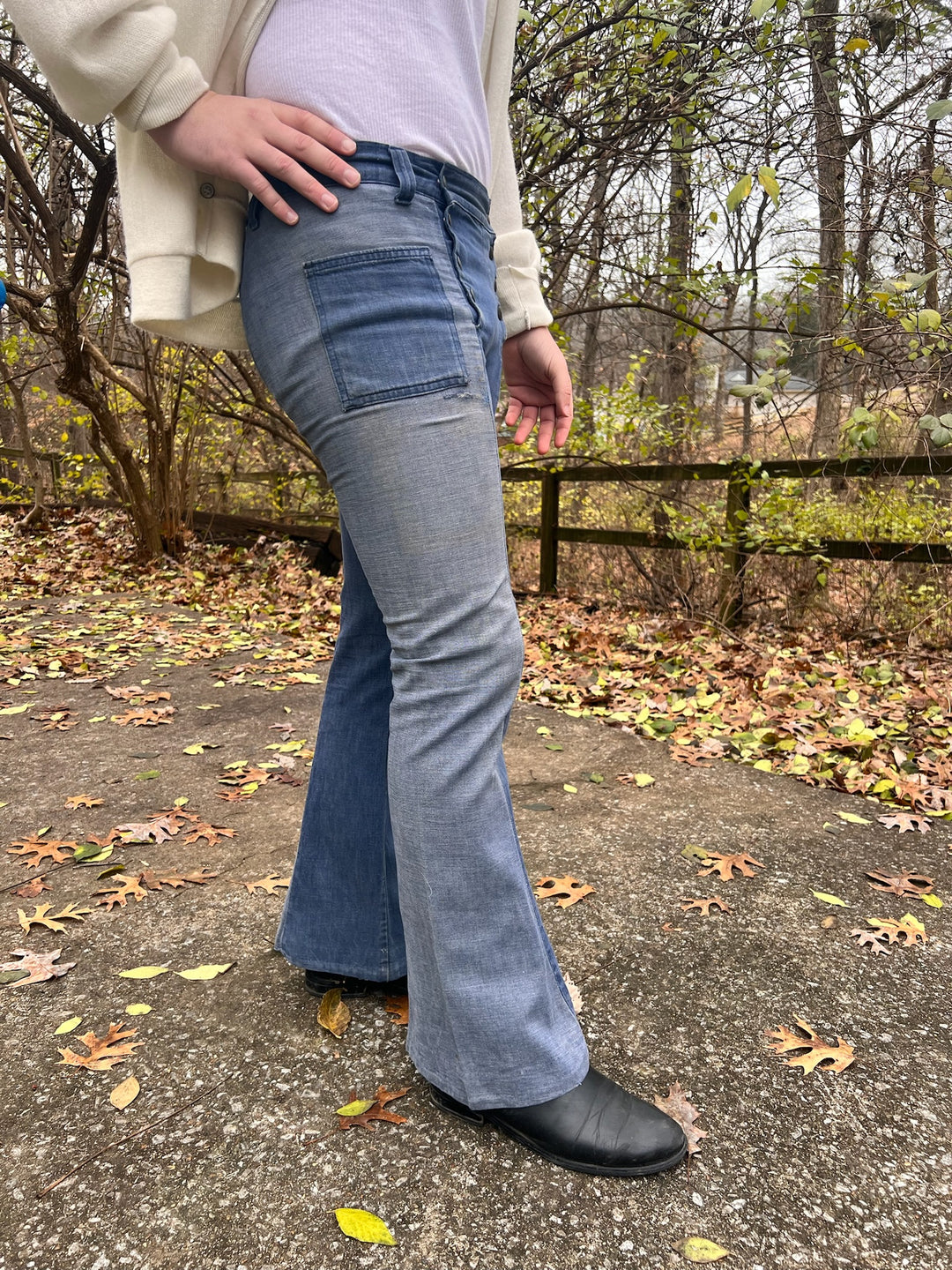 70s Two Tone Brown Snap Front Denim Bell Bottom Pants, GWG