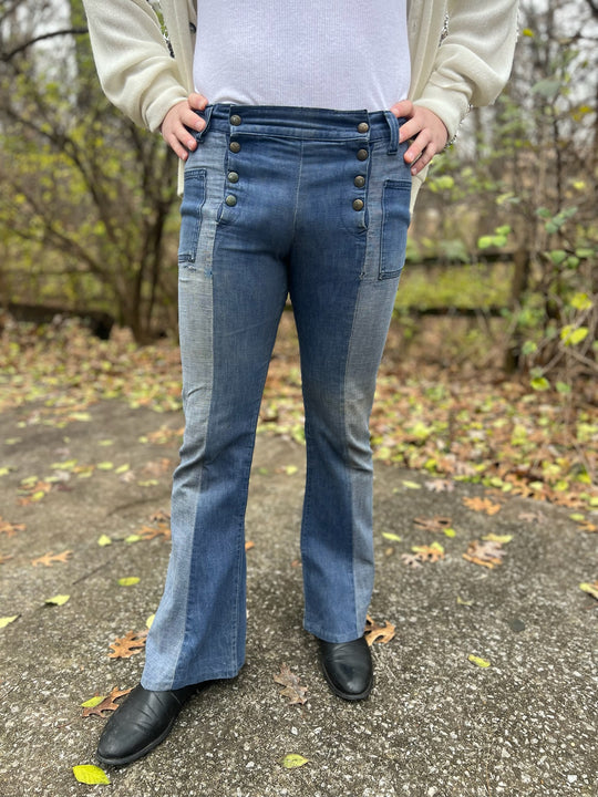 70s Two Tone Brown Snap Front Denim Bell Bottom Pants, GWG