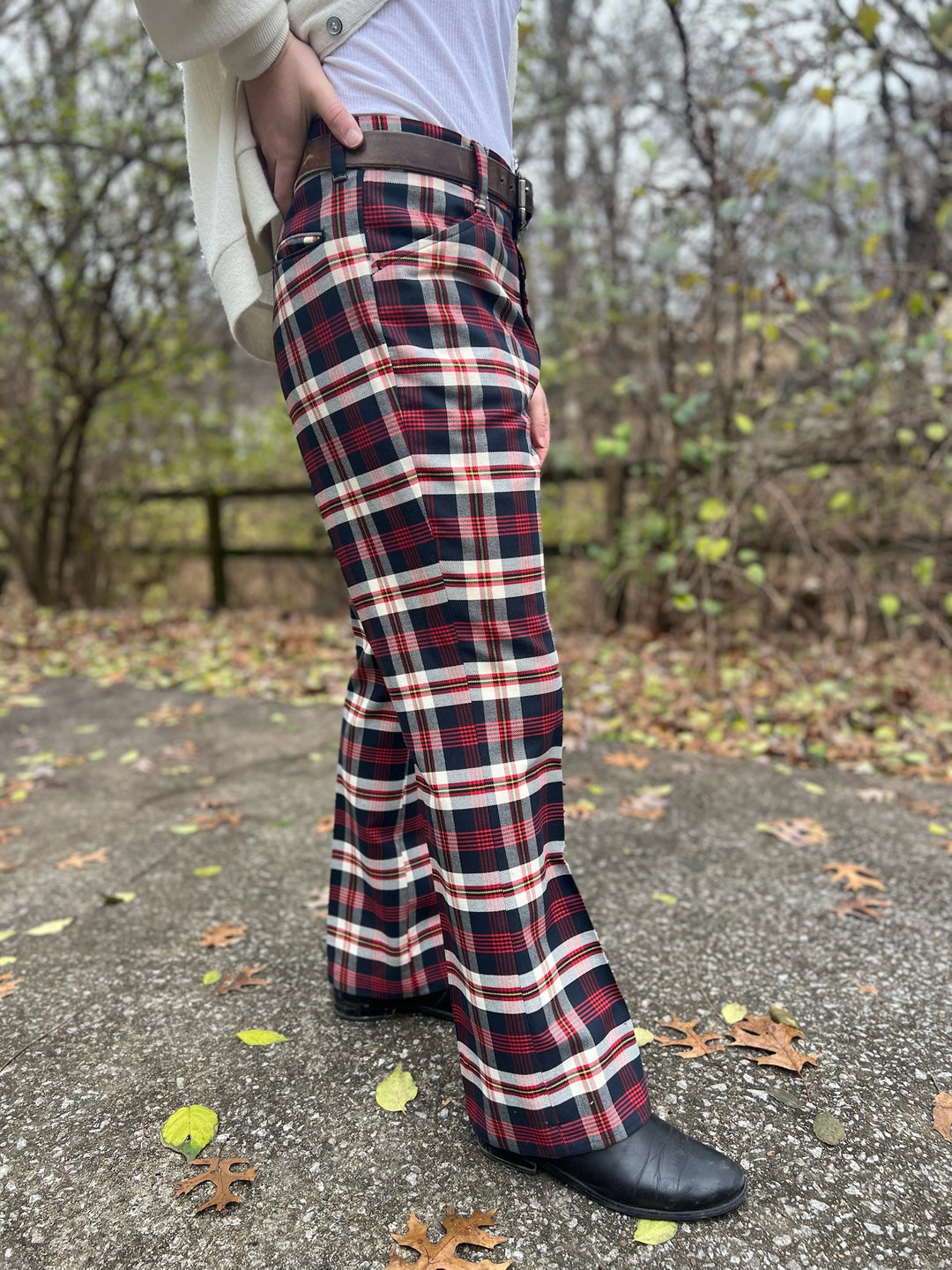 70s Black Red Plaid Bell Bottom Slacks, Farah