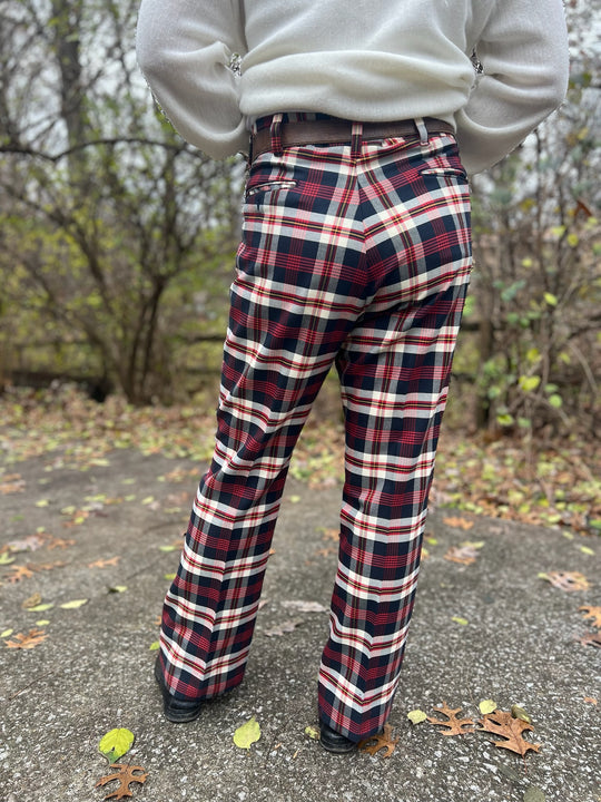 70s Black Red Plaid Bell Bottom Slacks, Farah