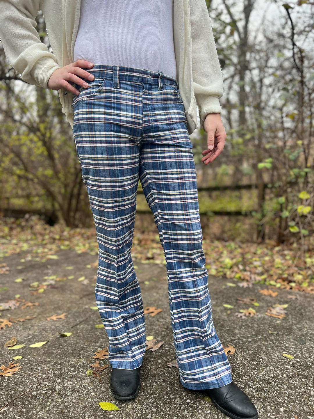 70s Blue Plaid Bell Bottom Pants