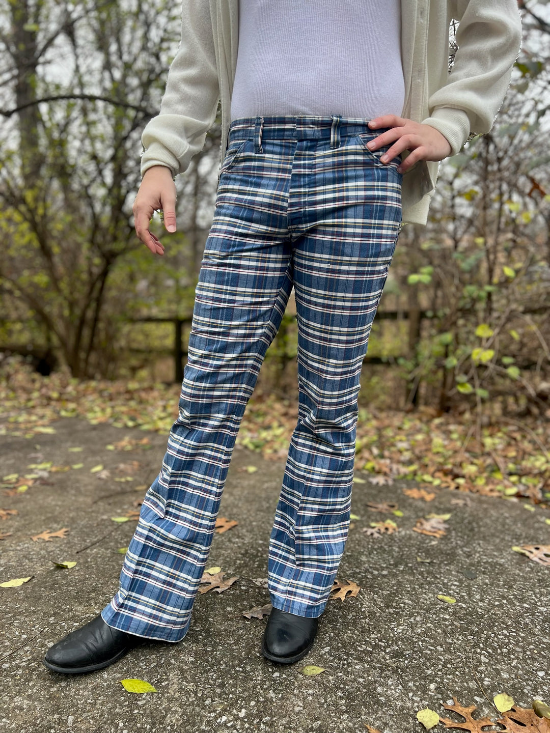 70s Blue Plaid Bell Bottom Pants