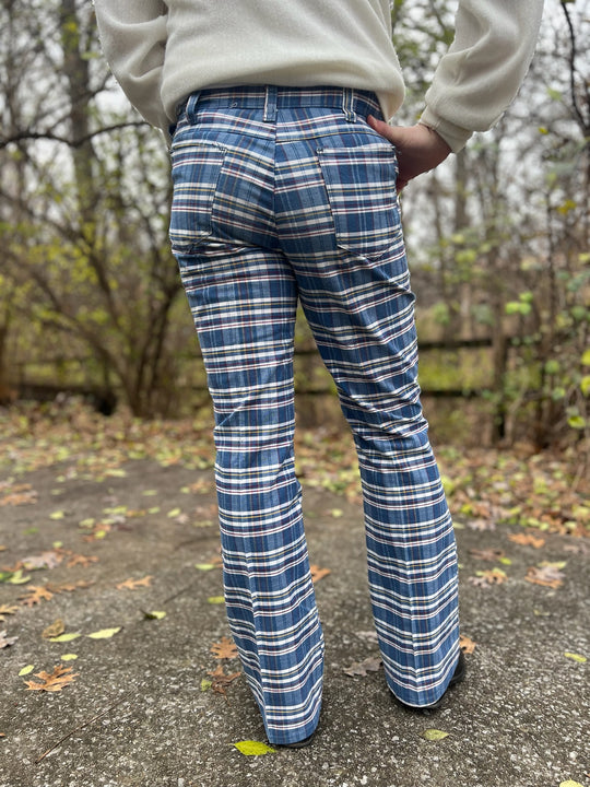 70s Blue Plaid Bell Bottom Pants