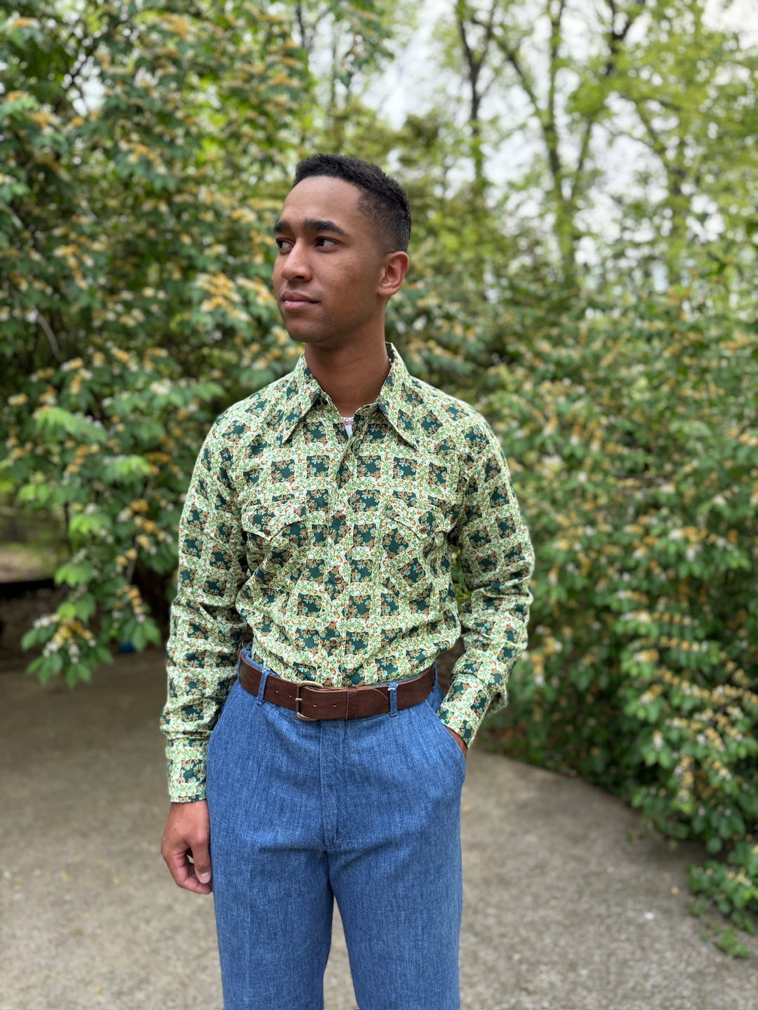 wrangler western dress shirts Mens 70s Green Brown Paisley Style Western Shirt, Wrangler