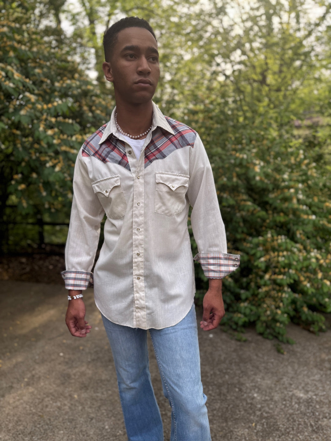Men's 70s Ivory LS Western, Blue Plaid Yoke, Karman