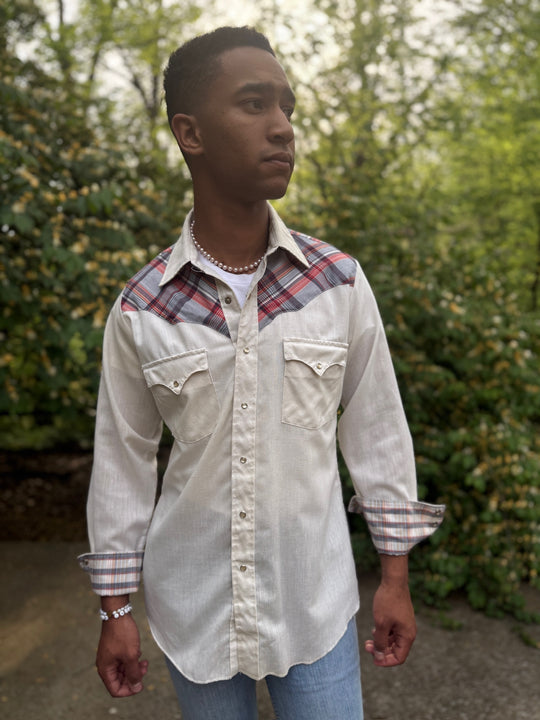 Men's 70s Ivory LS Western, Blue Plaid Yoke, Karman