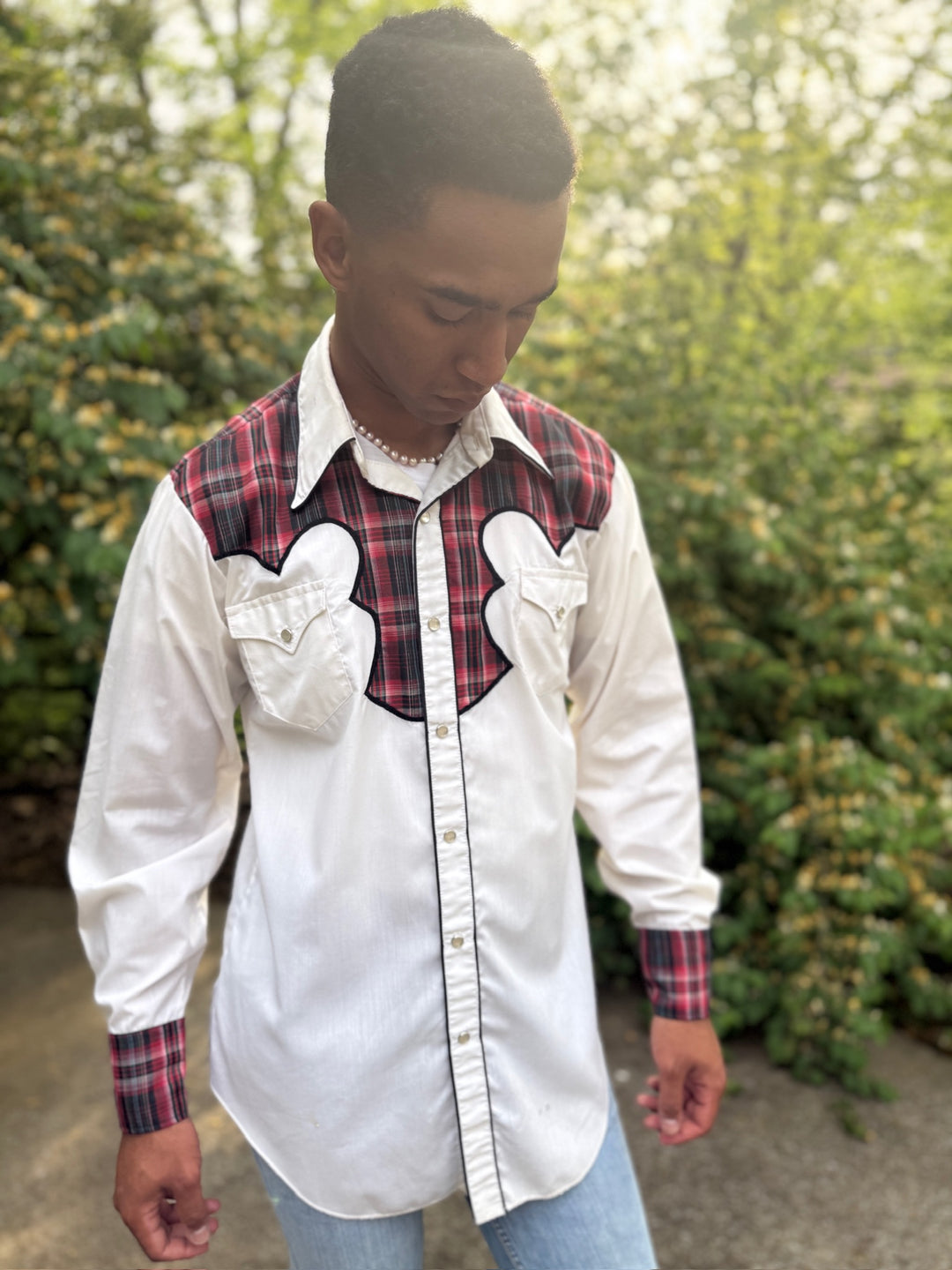 Mens Ivory LS Western Shirt, Plaid Yoke, H Bar C Mens Ivory LS Western Shirt, Plaid Yoke, H Bar C