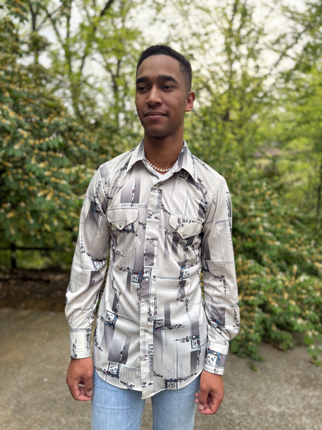 Men's Gray Black Nylon Geo Print Western Shirt, JCPenney Western Apparel