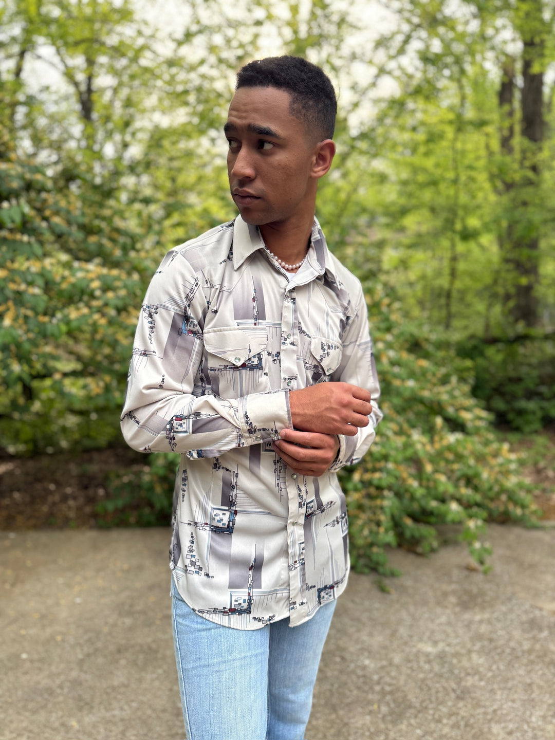 Men's Gray Black Nylon Geo Print Western Shirt, JCPenney Western Apparel