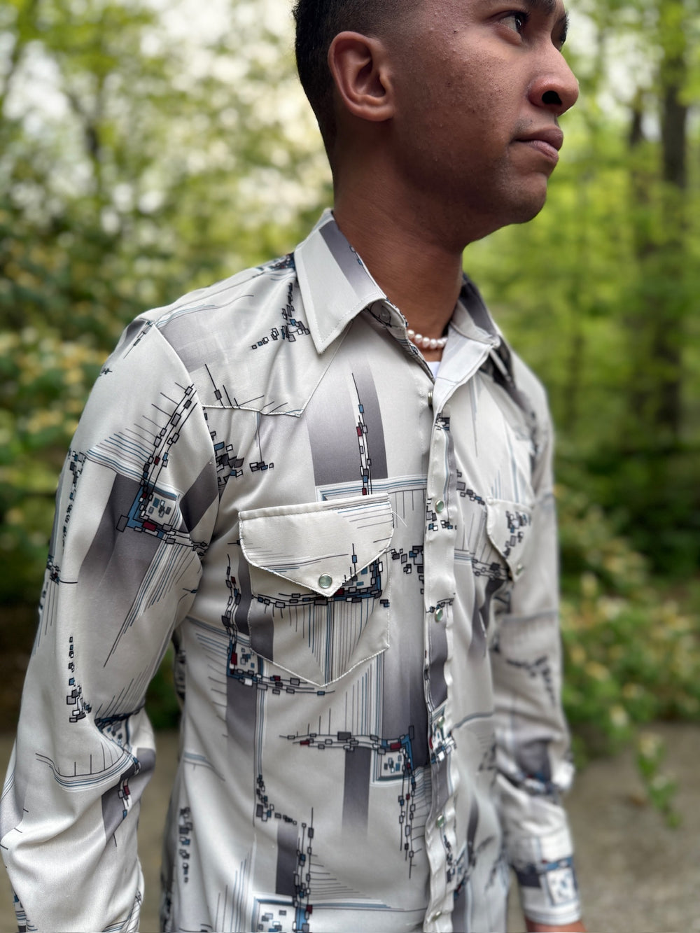 Men's Gray Black Nylon Geo Print Western Shirt, JCPenney Western Apparel