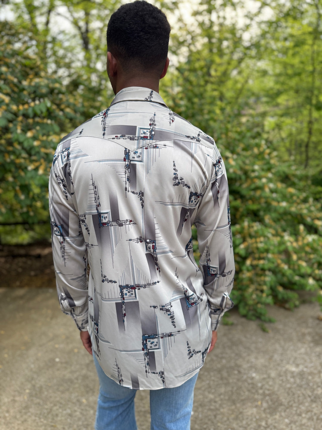 Men's Gray Black Nylon Geo Print Western Shirt, JCPenney Western Apparel