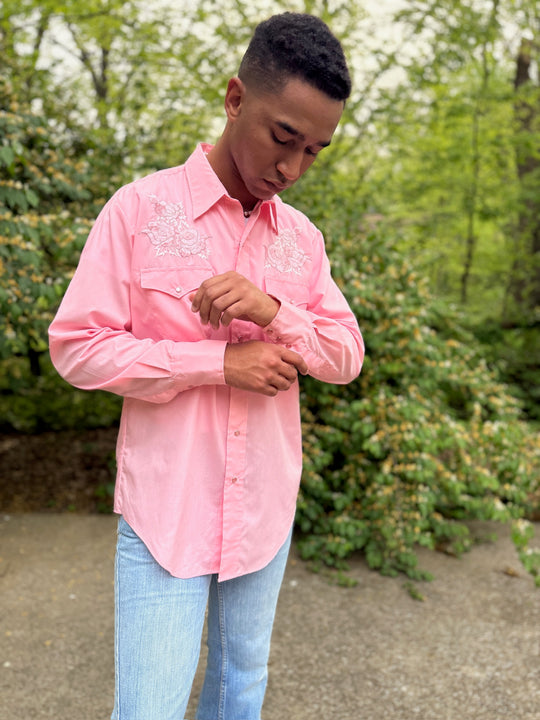 Men's Pink LS Western Shirt, Pink Floral Embroidery, Karman
