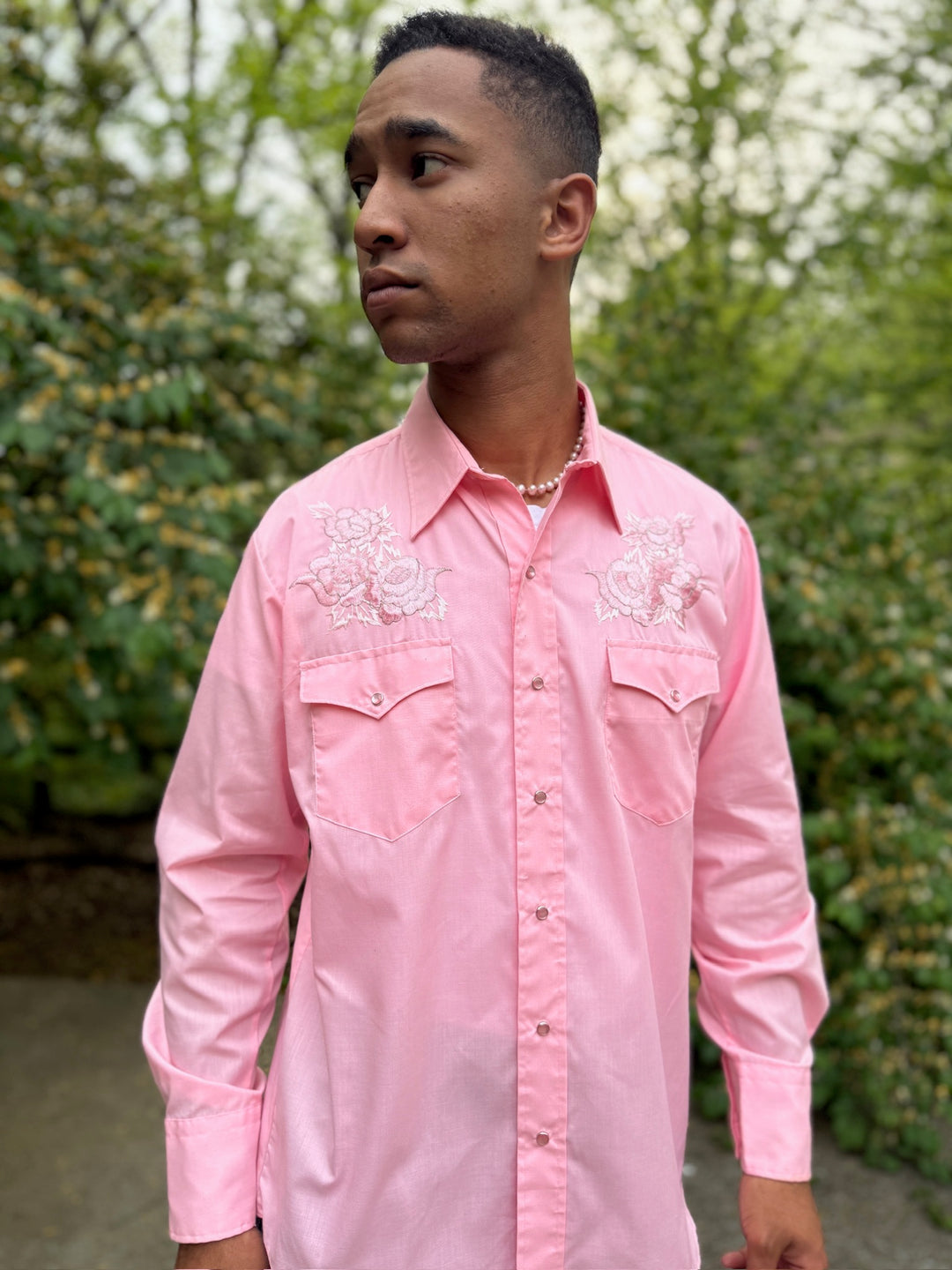 Men's Pink LS Western Shirt, Pink Floral Embroidery, Karman