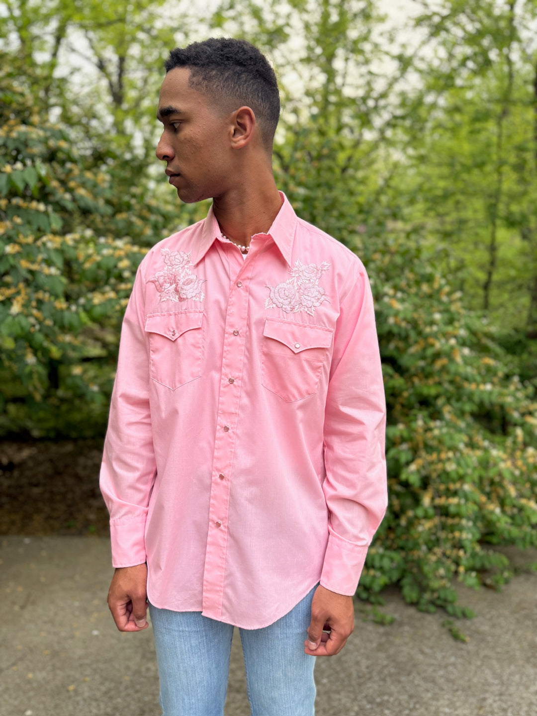 Men's Pink LS Western Shirt, Pink Floral Embroidery, Karman