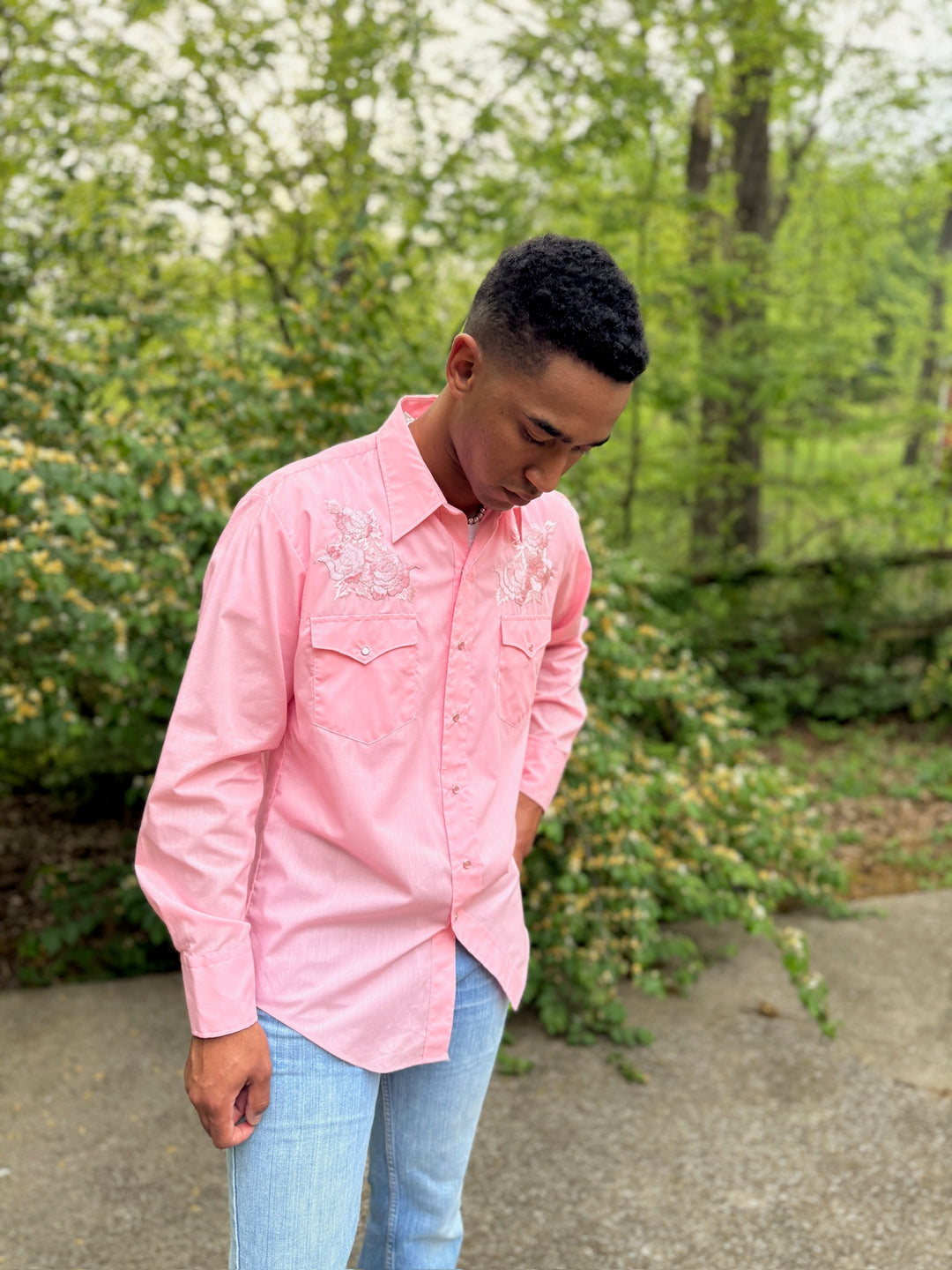 Men's Pink LS Western Shirt, Pink Floral Embroidery, Karman