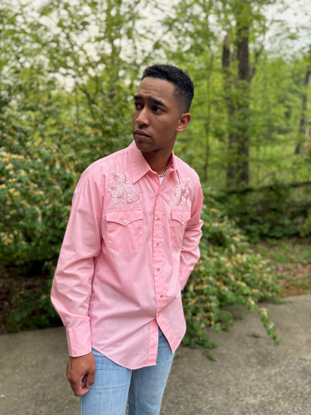 Men's Pink LS Western Shirt, Pink Floral Embroidery, Karman