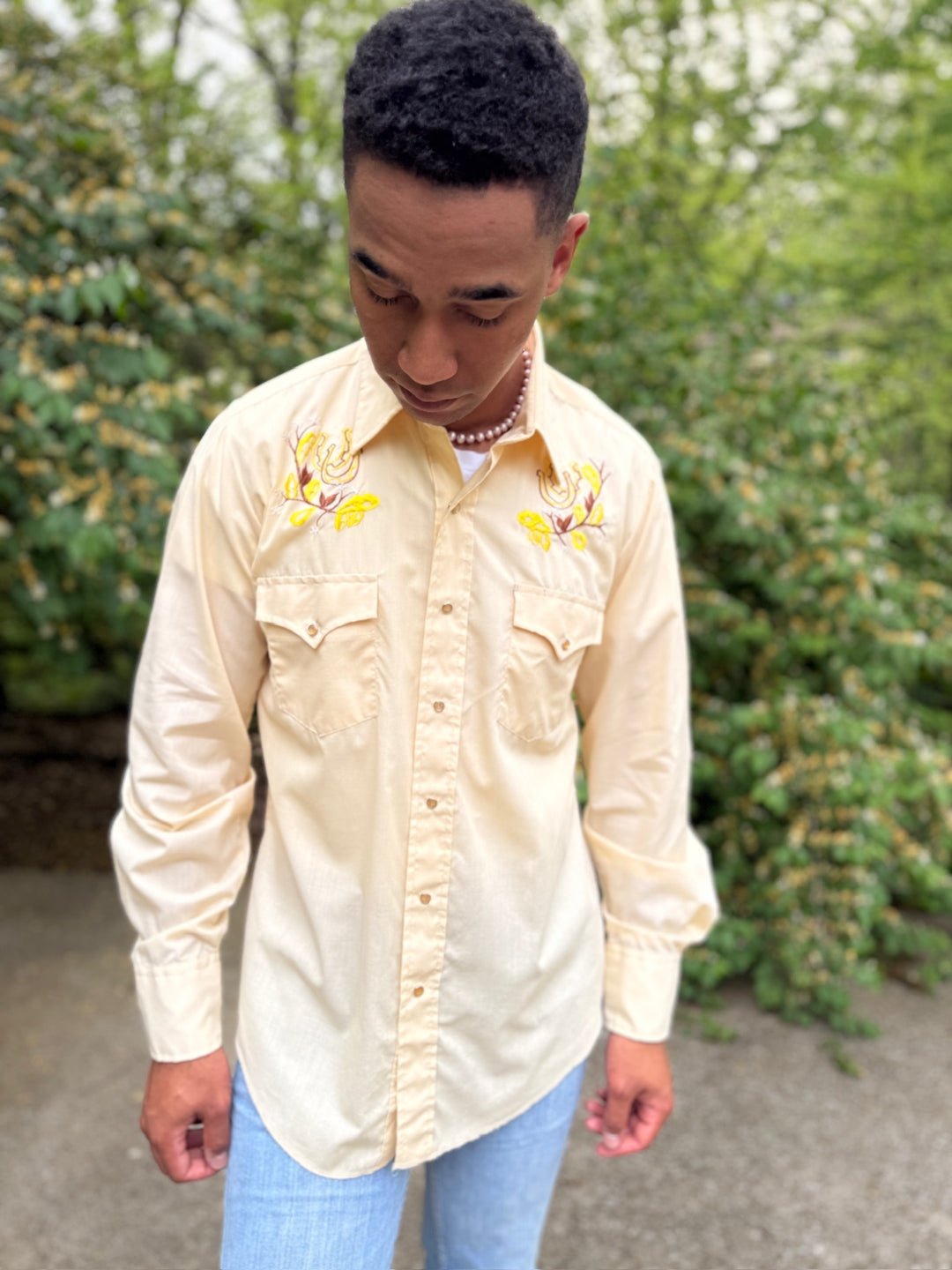 Men's Tan Western Shirt, Horseshoe Floral Embroidery, Champion Western